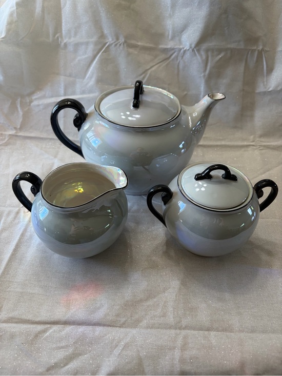 Victoria Czecho-Slovakia Other - Atlantic Czechoslovakia Sky Blue Luster Ware Black Handle Teapot, Sugar& Creamer